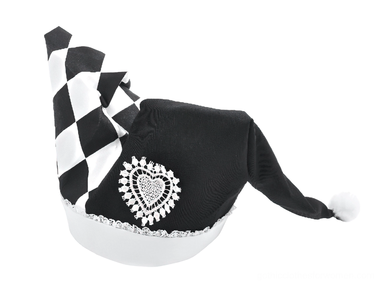 Harlequin jester hat back flat lay view with solid black and checkered pattern segments