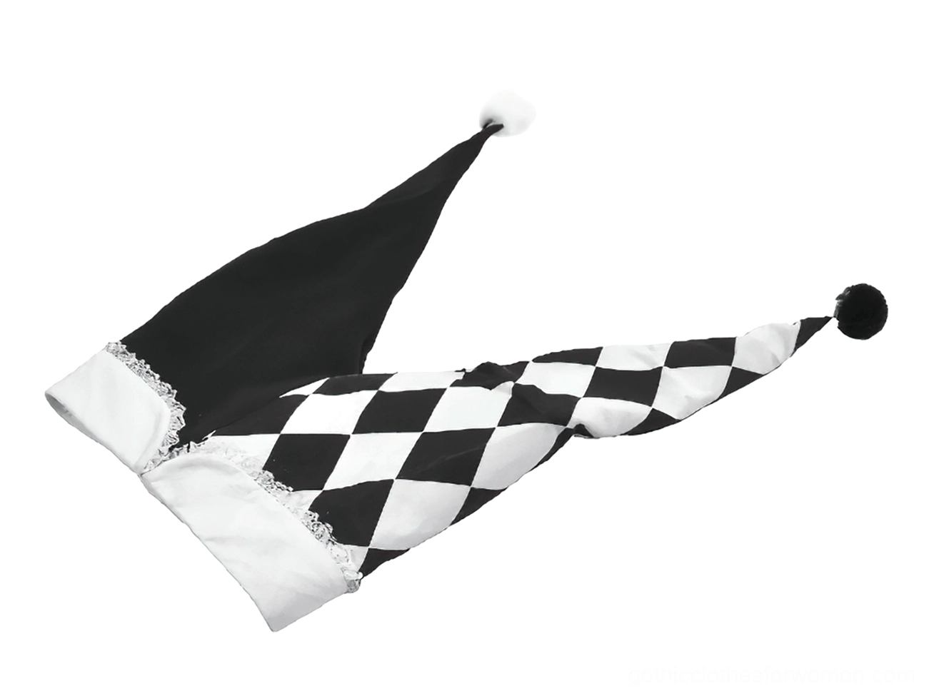 Harlequin jester hat diamond checkered pattern and pompom finials studio photography