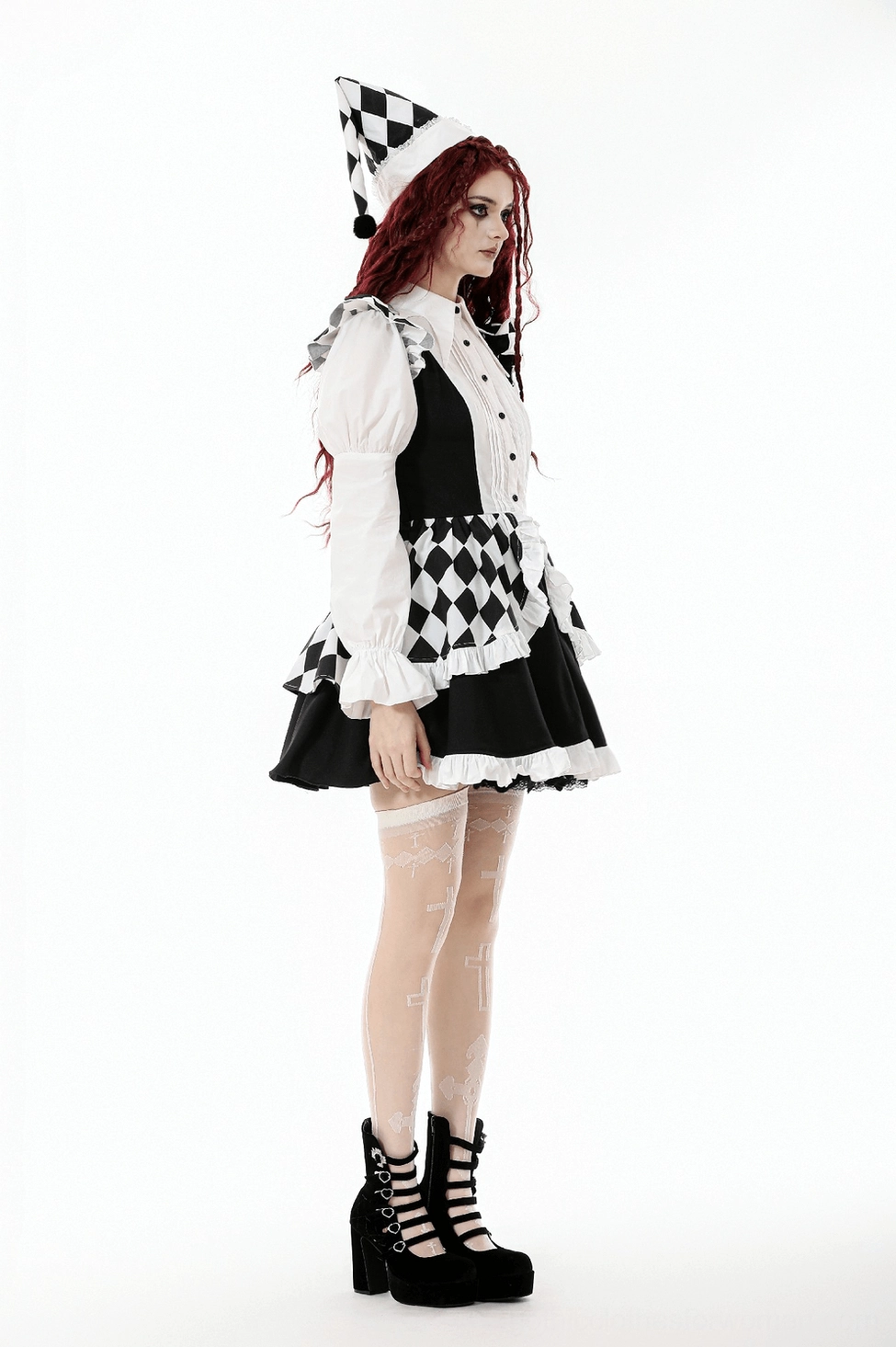 Black and white harlequin jester hat complete product showcase for gothic costume collections