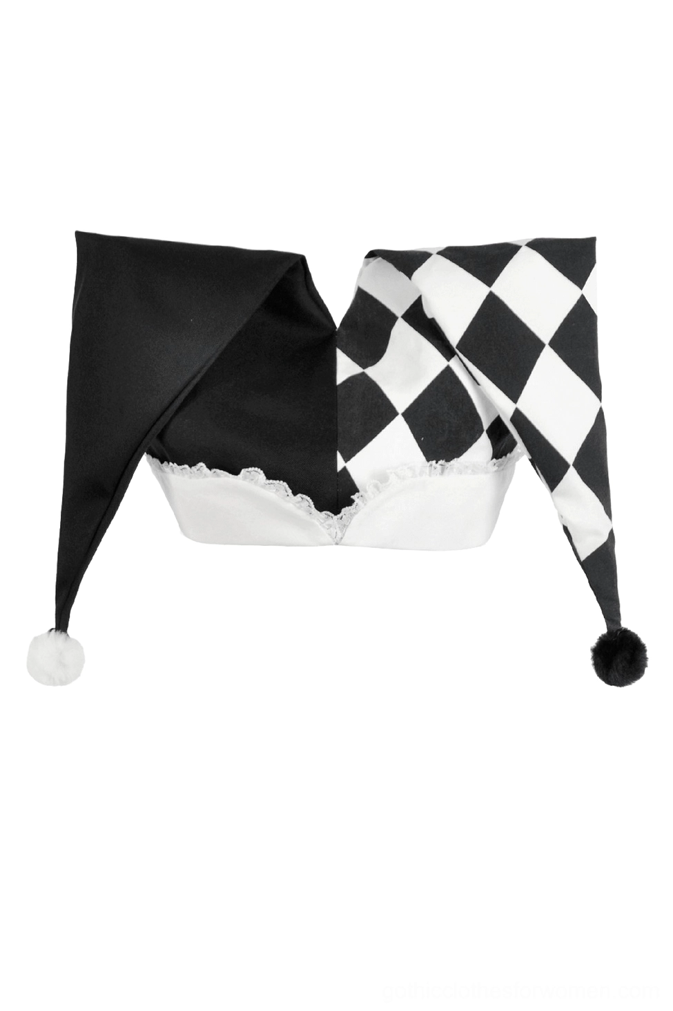 Black and white harlequin jester hat front flat lay showing lace embroidery and split checkered design