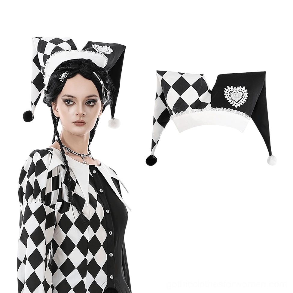 Harlequin jester hat with lace heart detail on model wearing silver choker and gothic styling
