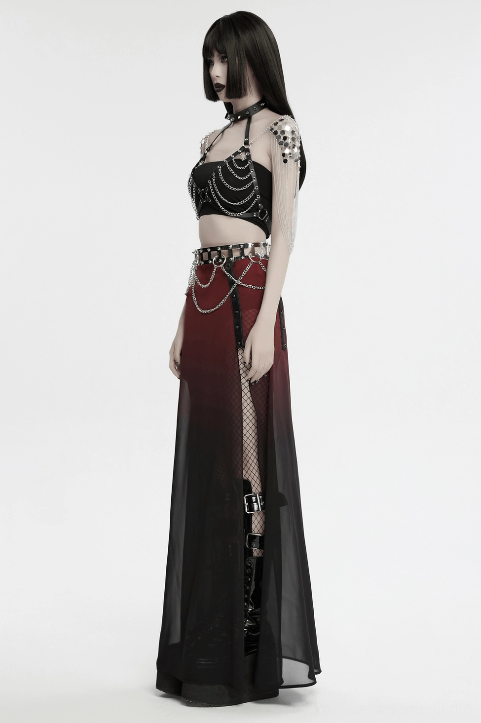 Halter body harness architectural detail showing leather straps, metal grommets, and chain work
