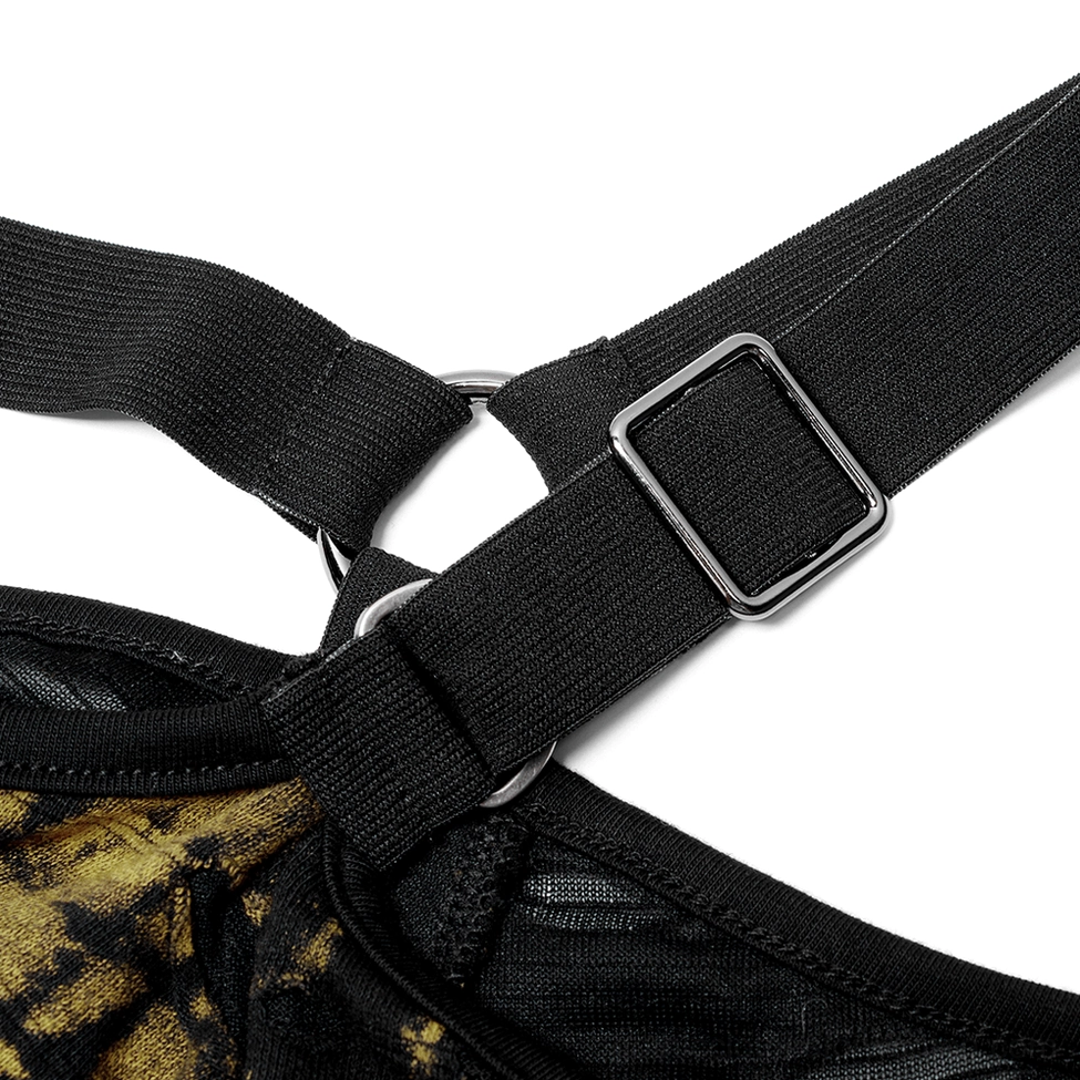 Metal slide buckle and elastic strap adjuster mechanism on harness crop top