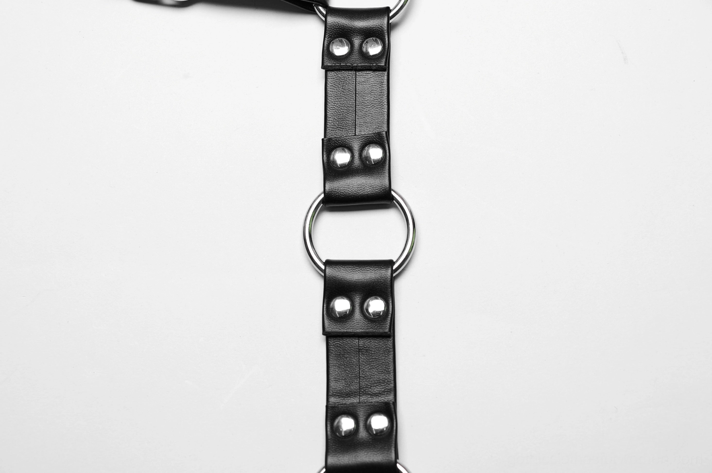 Harness strap connection detail showing metal D-rings and riveted connections on black PU leather