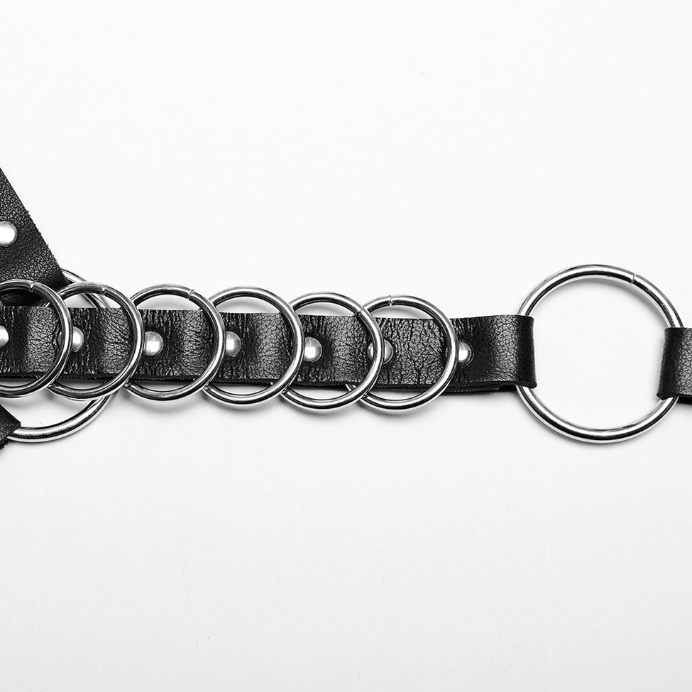 Close-up detail of harness metal rings and black leather straps - riveted hardware and chain connections