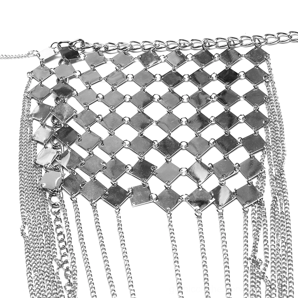 Shoulder decorative accessory featuring square metal studs, woven mesh, and silver chain tassels