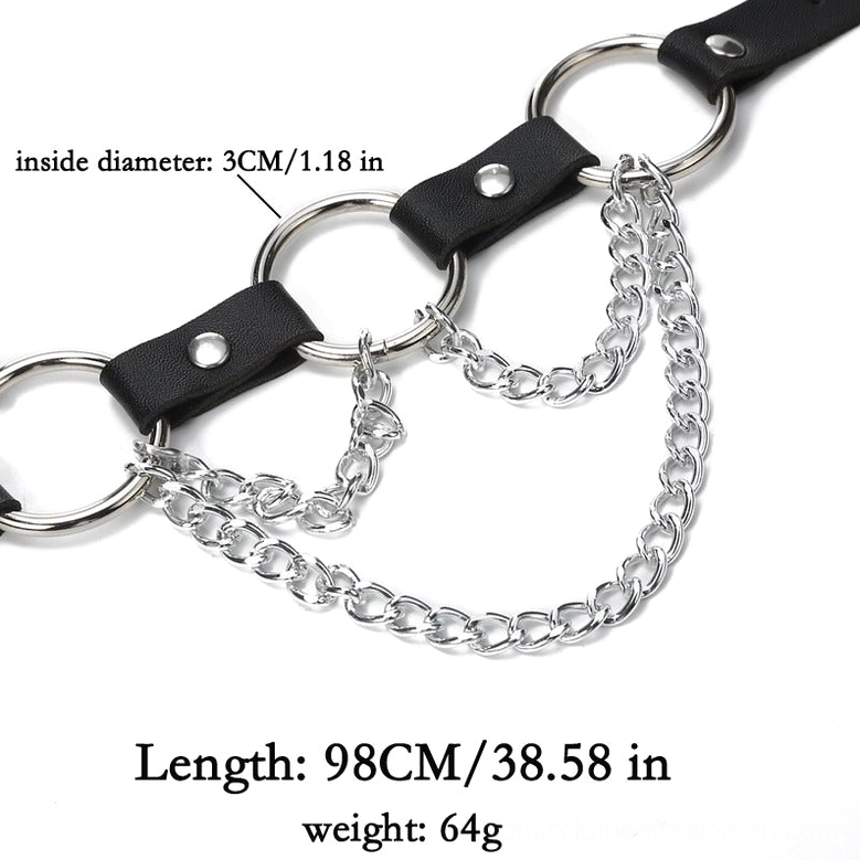 Waist belt specification and product information display, close-up view showing chain decorations, marked measurements, and metal hardware details