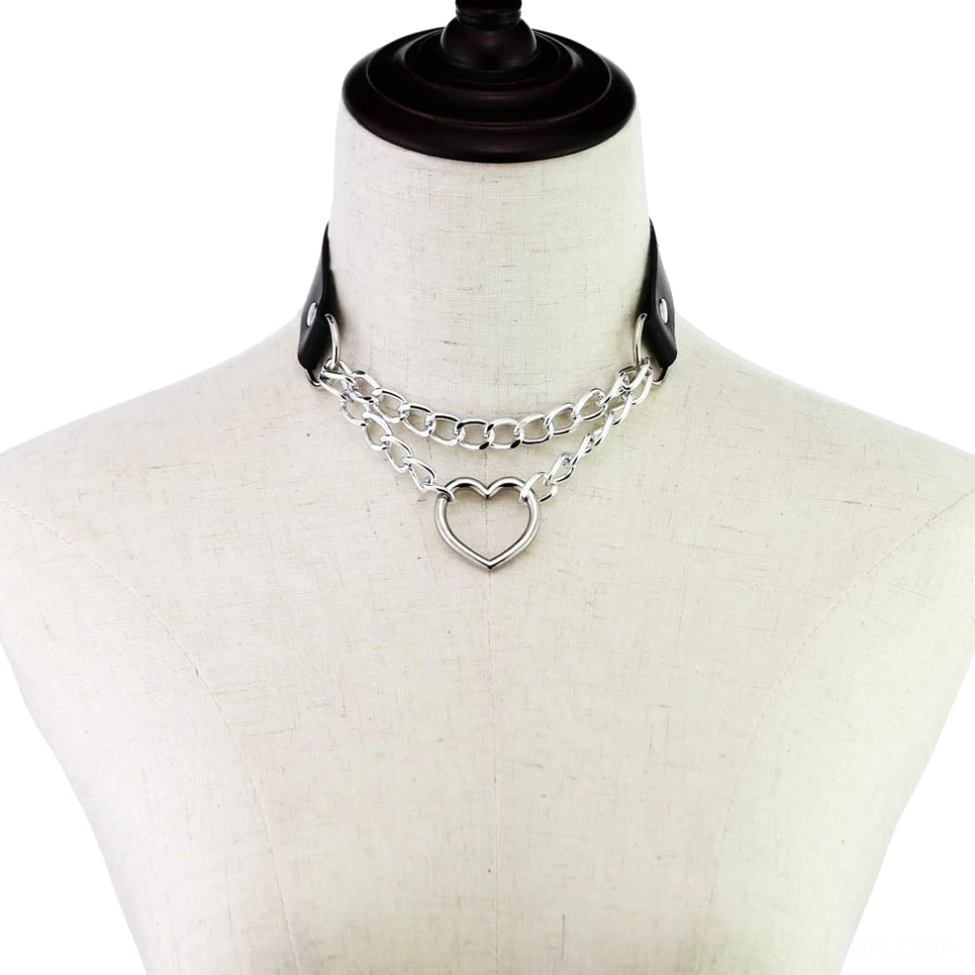 Heart choker with dual chains and hollow pendant - gothic punk style necklace