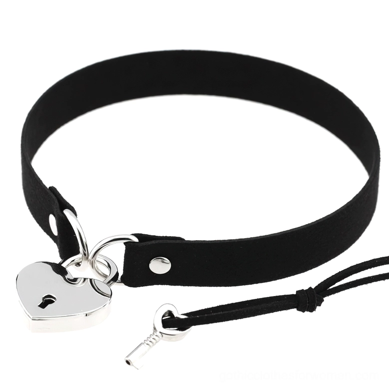 Black suede steampunk heart lock choker collar with silver key pendant - flat lay display