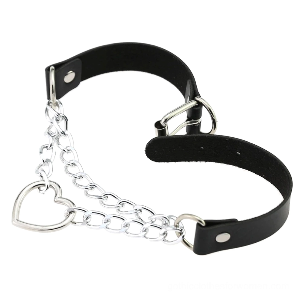 Punk heart pendant choker with PU leather strap and silver chains - gothic jewelry detail view