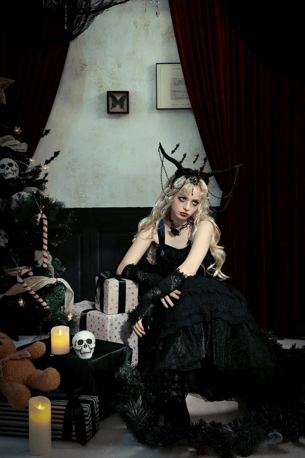 Detailed view of Gothic Lolita dress hem and lace layering showing the texture and construction of the ruffled skirt