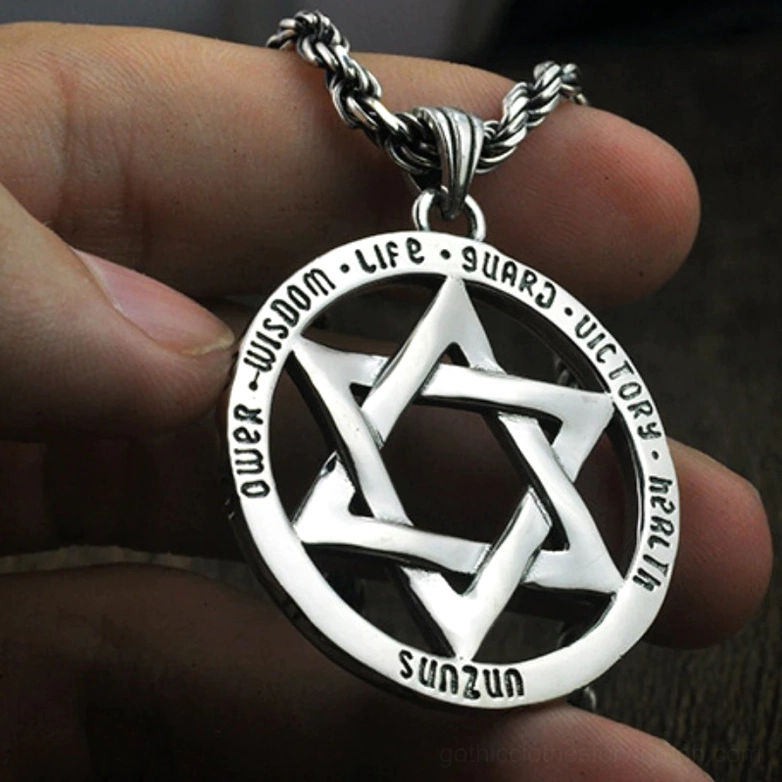gothic hexagram pendant on twisted rope chain close-up vintage sterling silver necklace