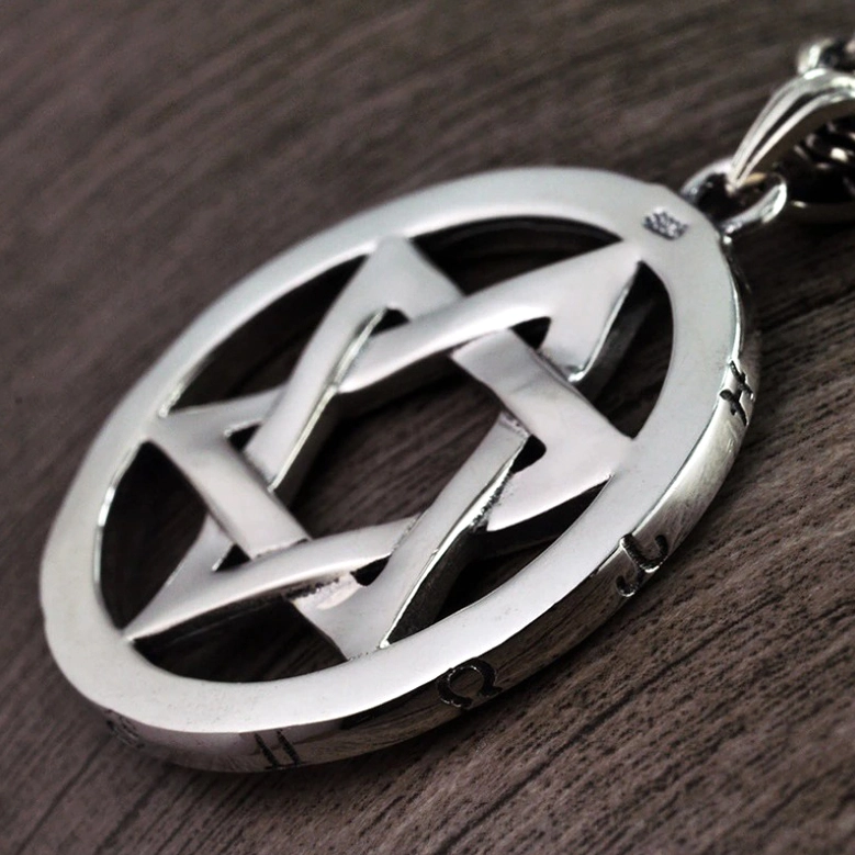 side profile vintage hexagram star of david sterling silver pendant engraved border