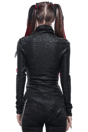 Back view of punk high collar asymmetrical top worn by model with red-black braids, displaying fitted silhouette and curved asymmetric hem line