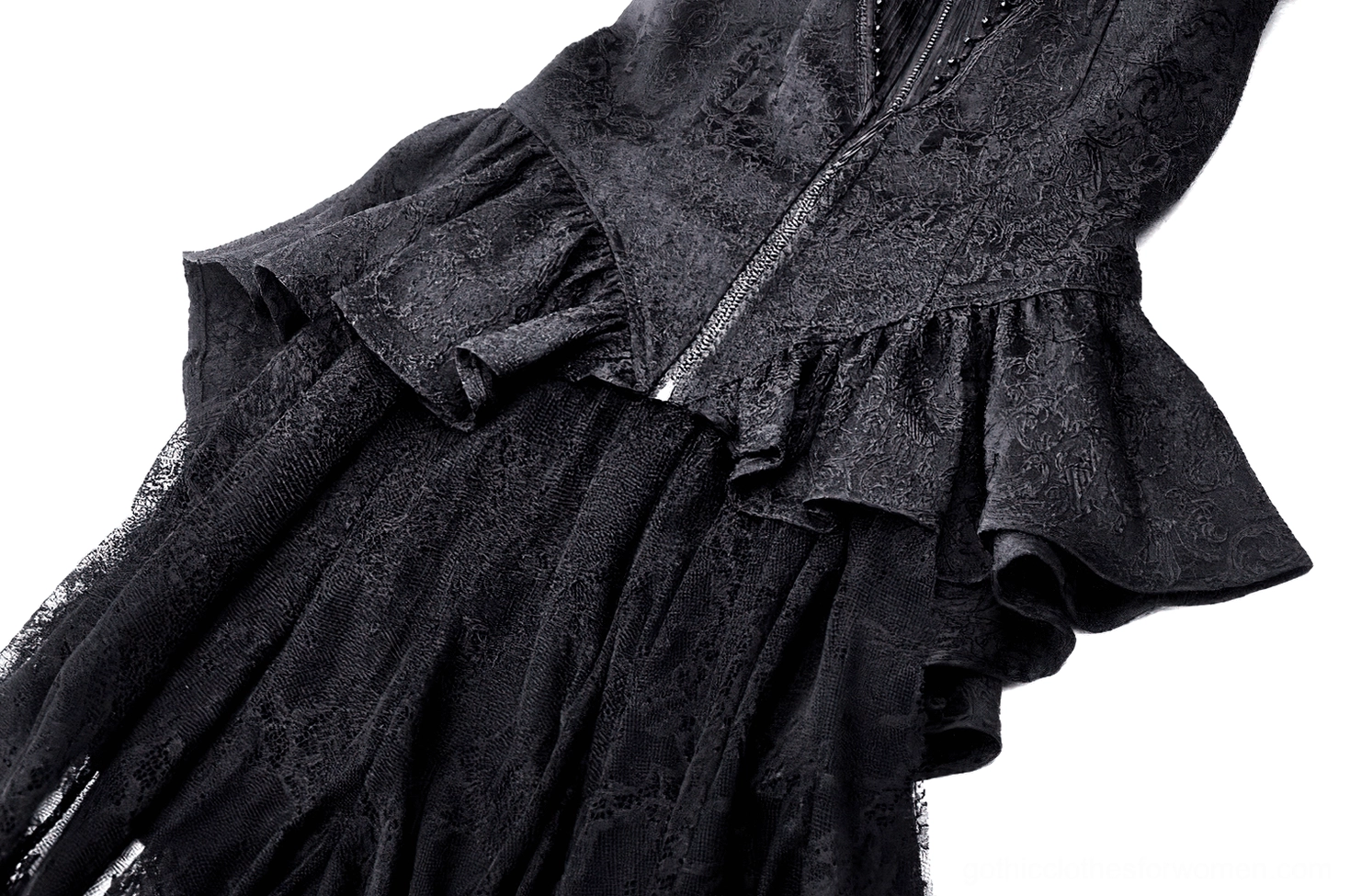 Black high-low lace tailcoat full length silhouette showcasing cascading lace train and corset definition