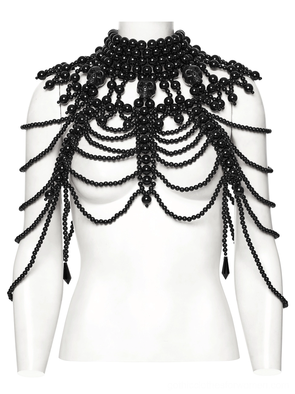 Gothic high-neck skull body harness on mannequin featuring black beaded collar with tassel pendant accents