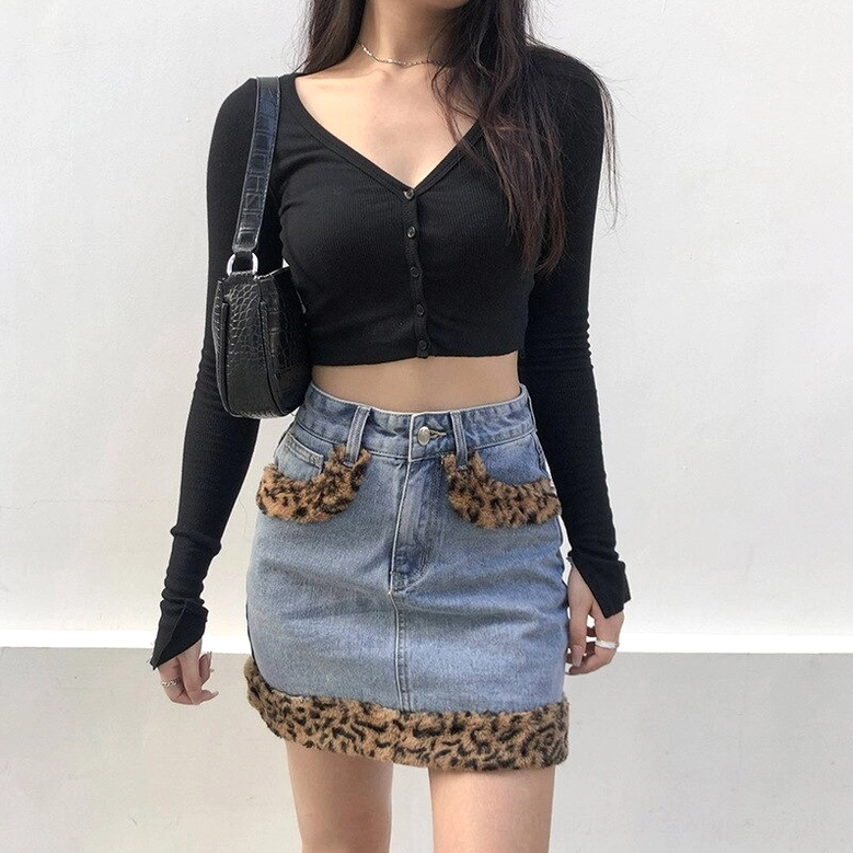 High-waist denim mini skirt leopard fuzzy detail, worn model showcase