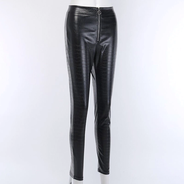 Ghost mannequin front display of high-waist black faux leather pencil pants, gothic style, showing clean flat front design and sleek silhouette
