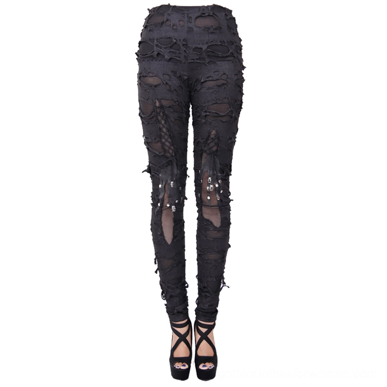 High-waist black gothic distressed pants flat lay showcasing tattered design and knee studded details