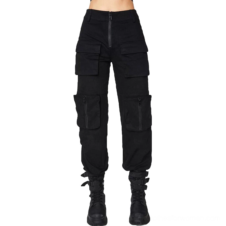 Black pleated gothic pants for women - mannequin front view displaying zippered cargo pockets and tapered ankles