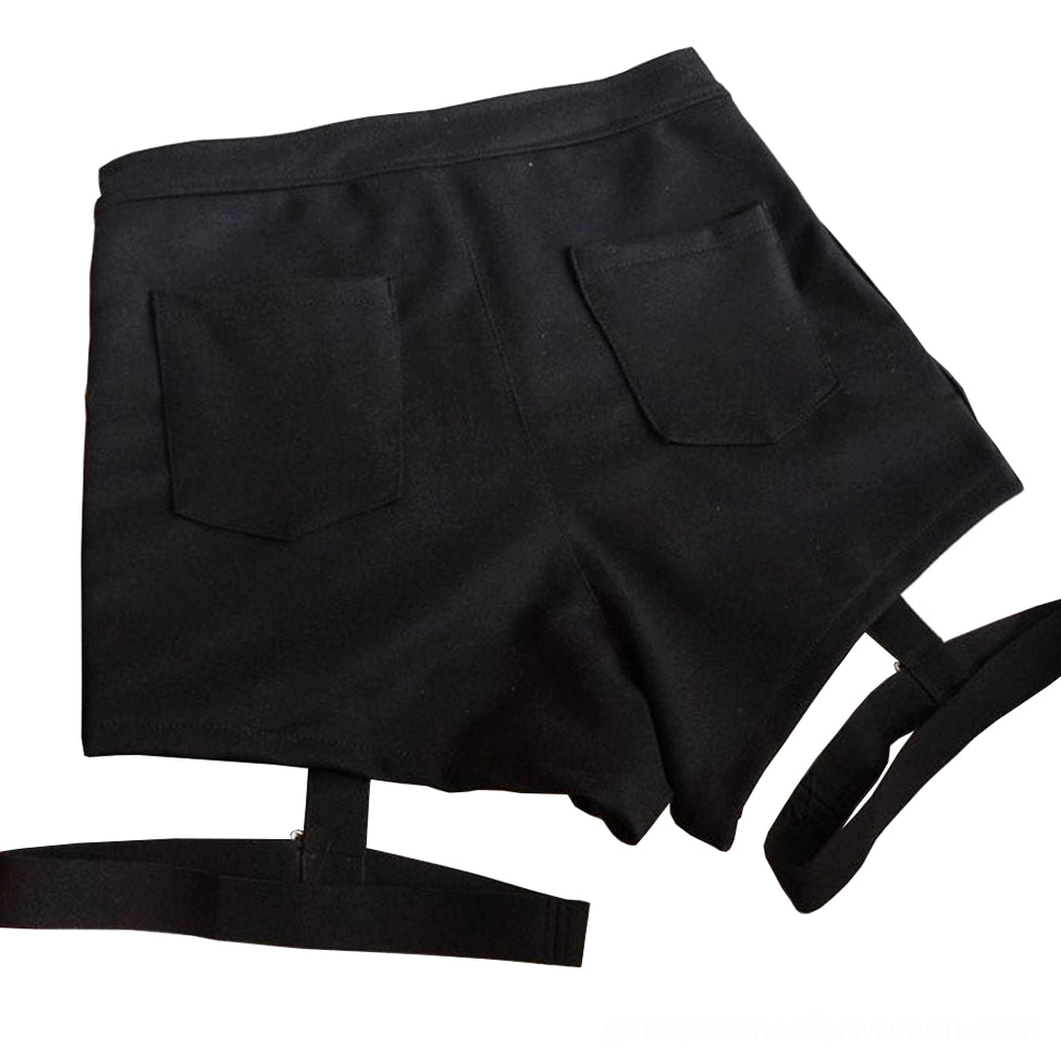 Gothic shorts back view flat lay showing rear pockets and thigh strap attachment points