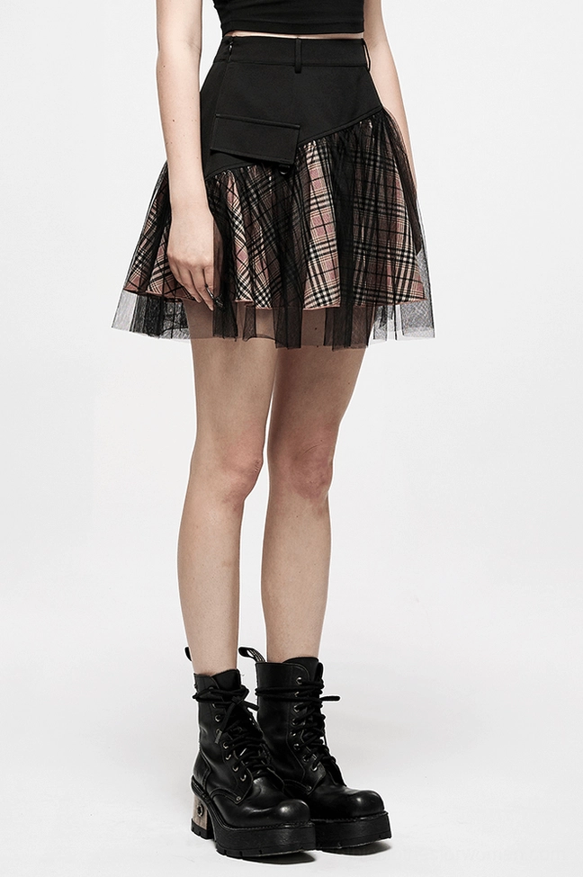 High-waisted gothic plaid mini skirt with mesh accents styled for alternative fashion and goth aesthetic