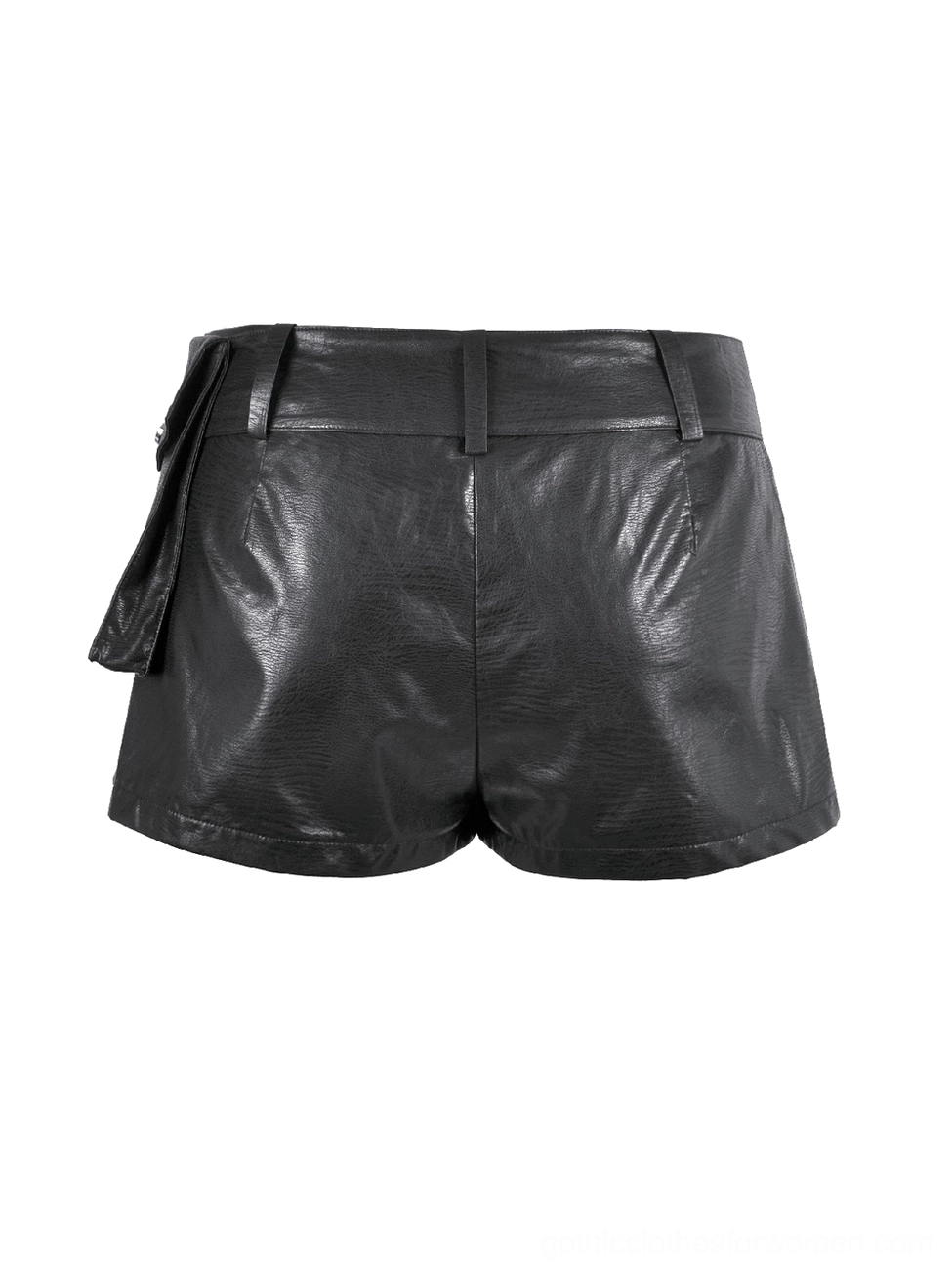 Front flat lay of high-waisted black faux leather shorts with solid construction and side utility pouch
