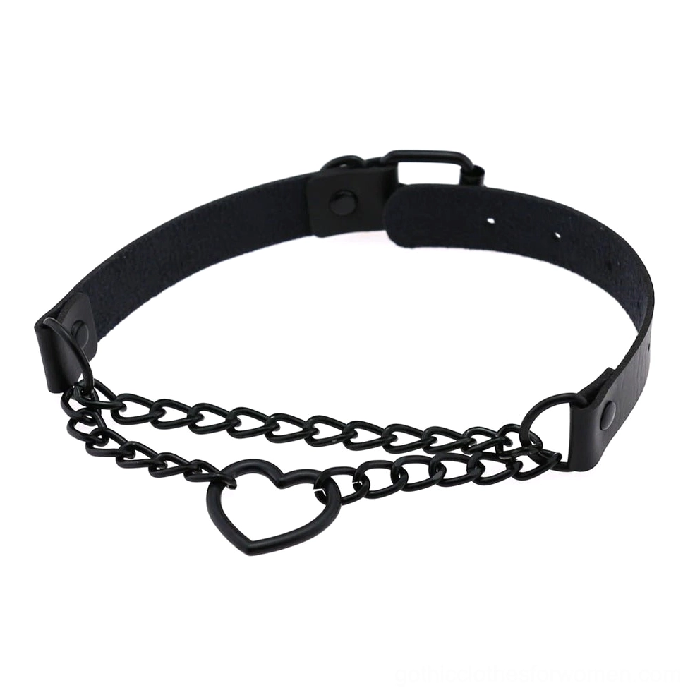 Gothic heart chain choker showing hollow heart pendant design and dual aluminum chain construction