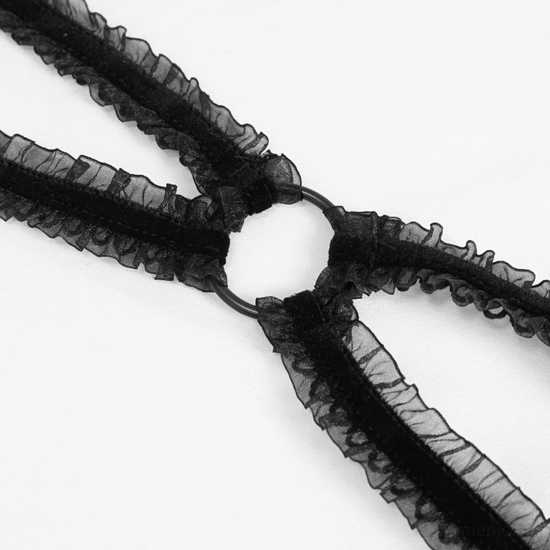 Black hollow-out gothic lingerie bra close-up detail showing intricate lace cutout panel design and construction quality