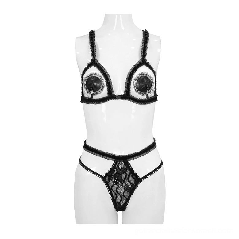 Black hollow-out lace lingerie bra on dress form mannequin front view, showing intricate lace panel design and nipple cover details