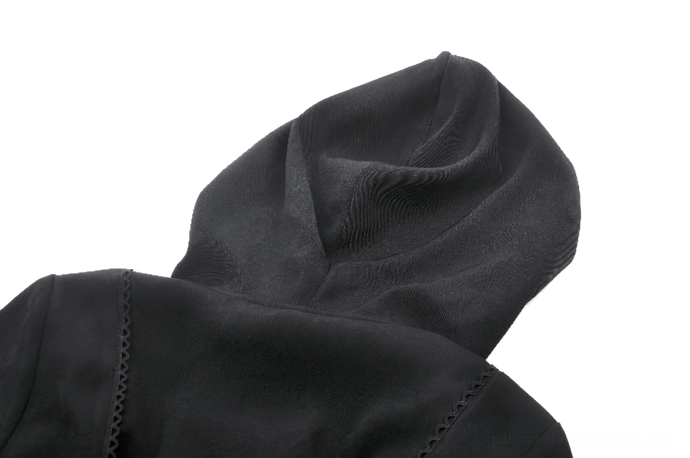 Hood side close-up showing stitched lace trim and attached hood structure of gothic coat