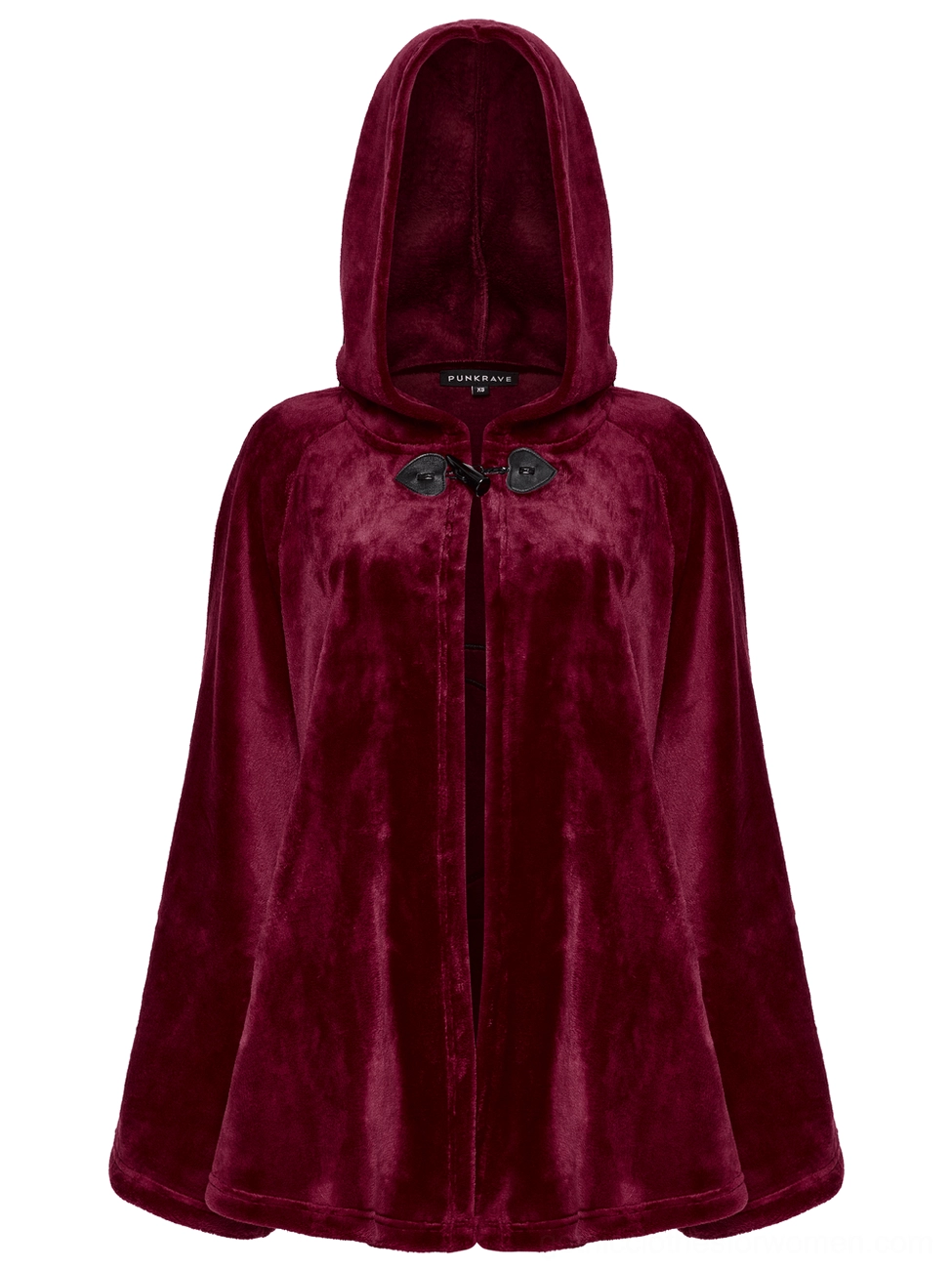 Front flat lay of burgundy hooded cape showing side pocket detail and velvet fabric quality