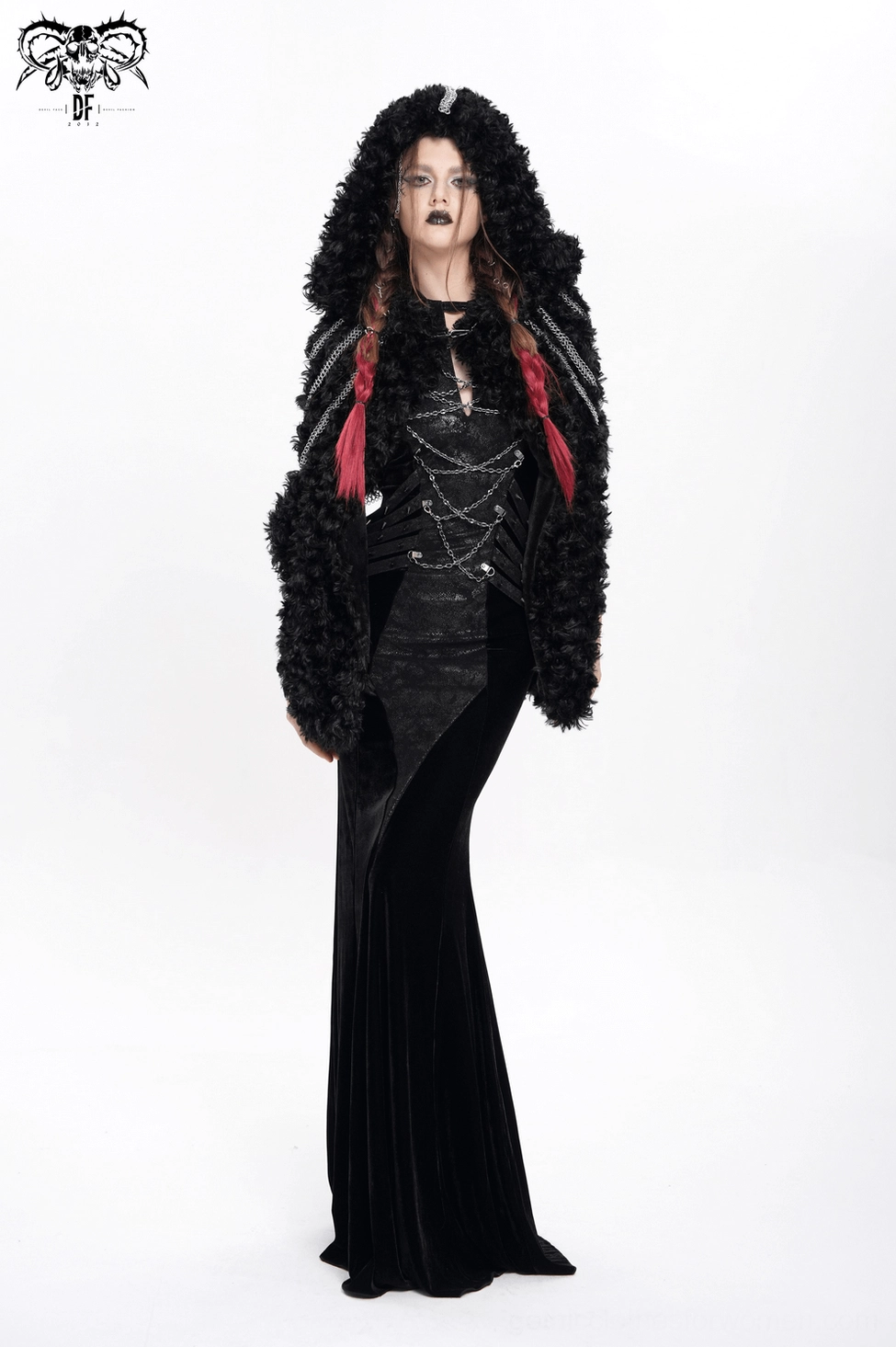 Hooded faux fur cape in black with chain details, gothic fashion piece