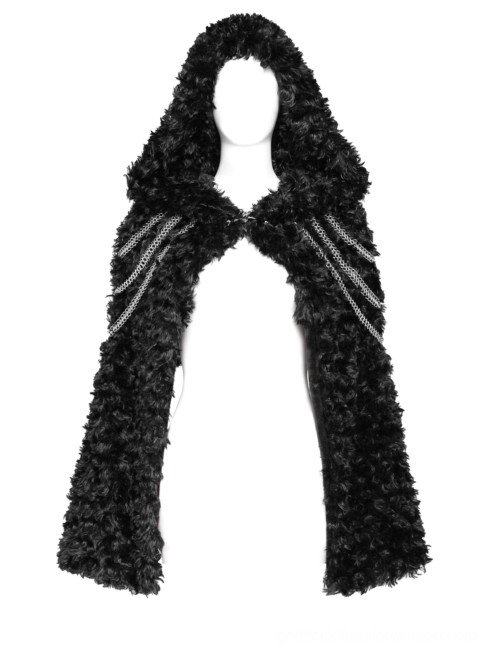 Black hooded faux fur cape with layered silver chain details on mannequin