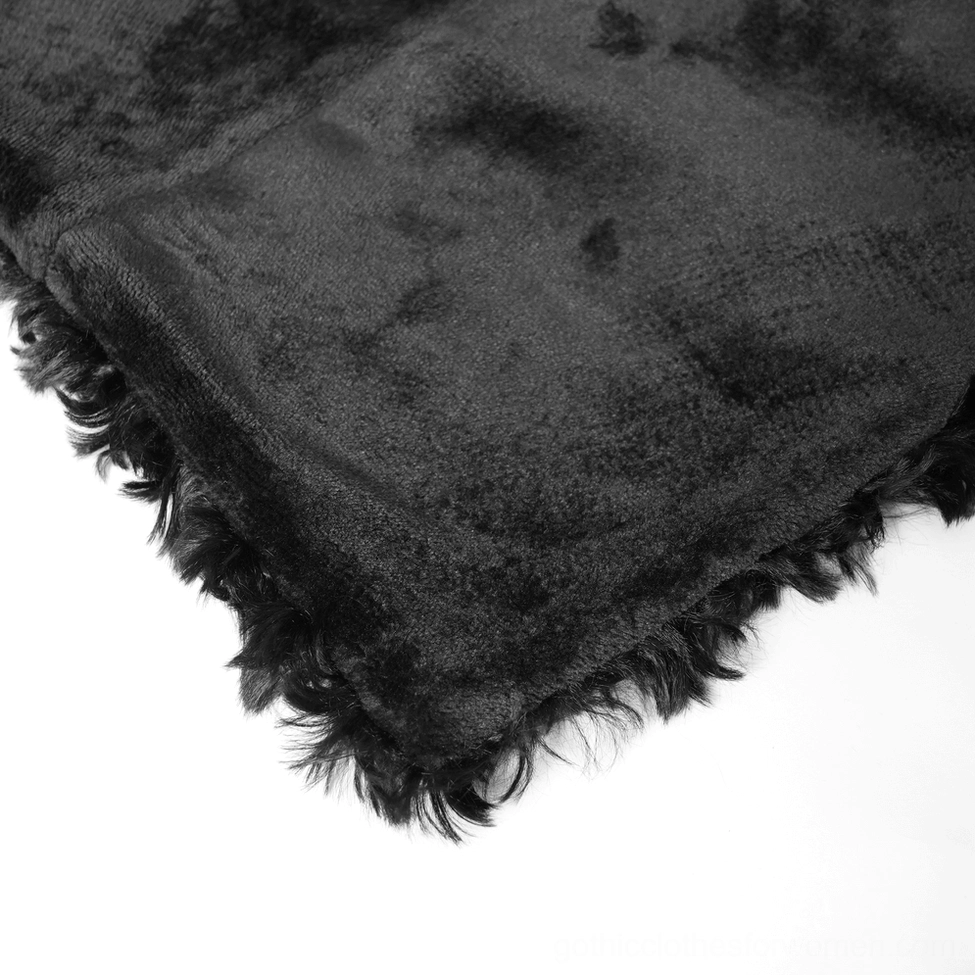 Black hooded faux fur cape with decorative silver chains for festivals and events