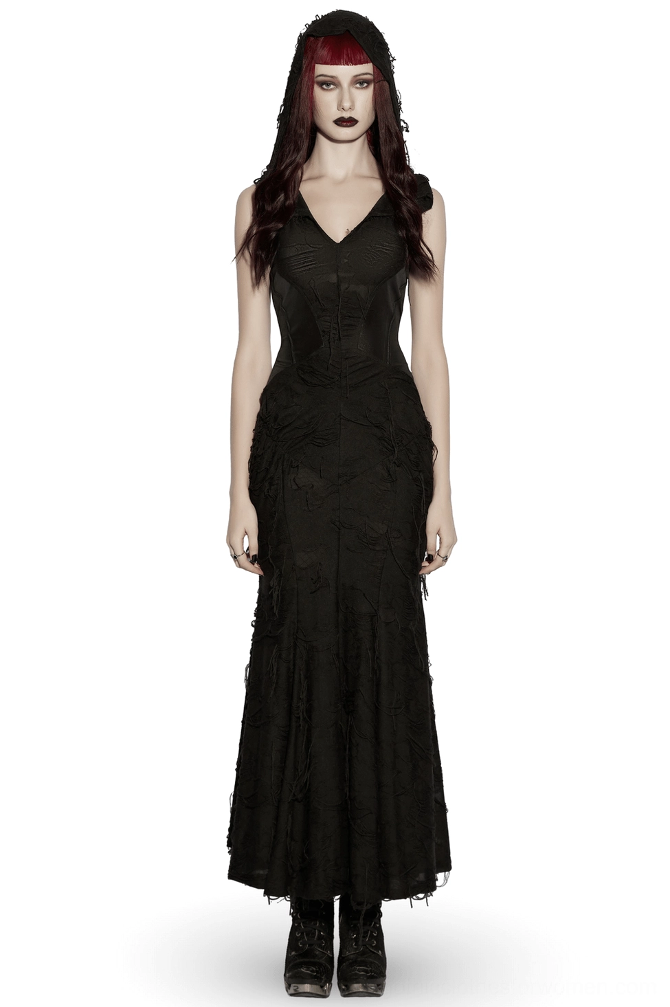 Gothic hooded fishtail maxi dress with distressed frayed hem, front full-body view showing slim-fit silhouette and flowing black dress
