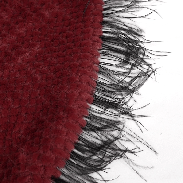 Wine red gothic cape showing hood, fur pompon tail, and lace-up back construction details
