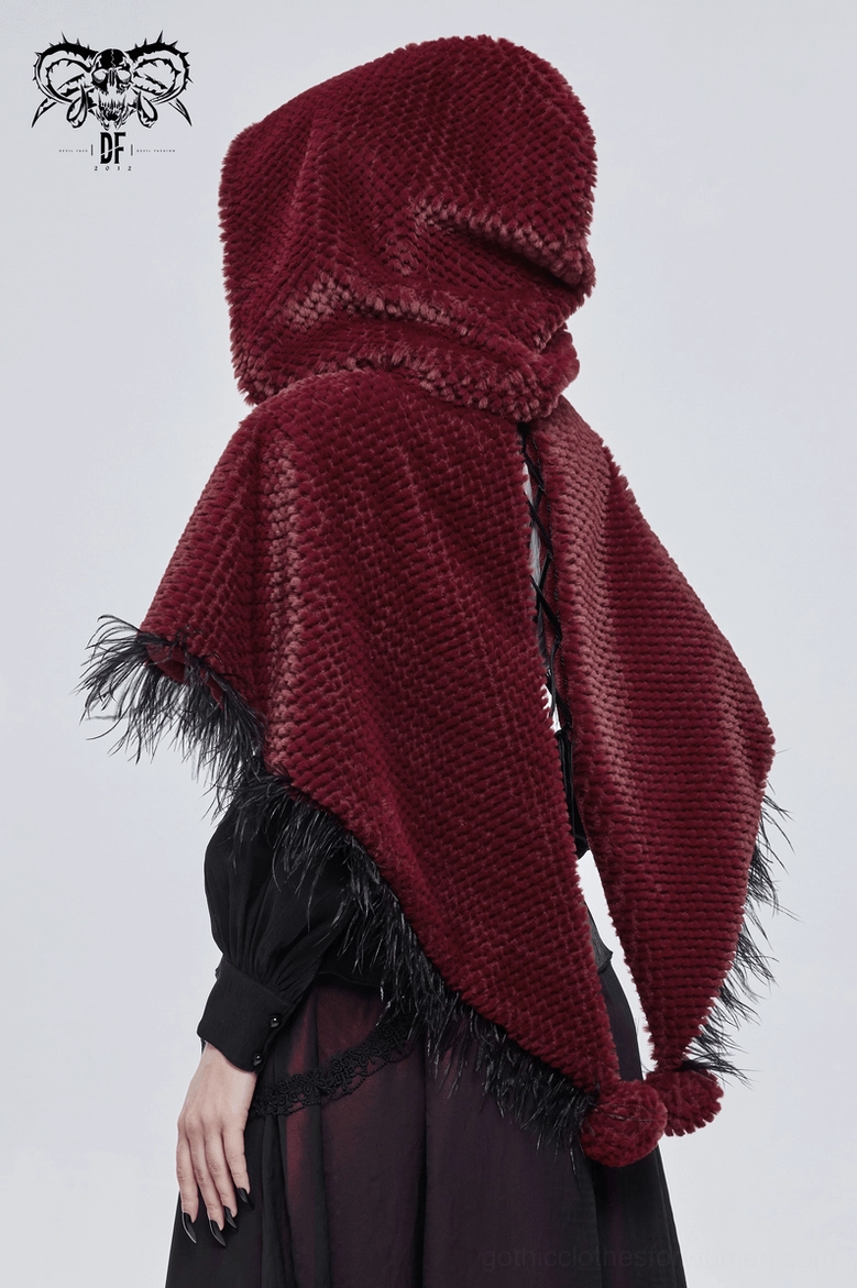Close-up of wine red gothic cape hood and front clasp with black feather trim accents