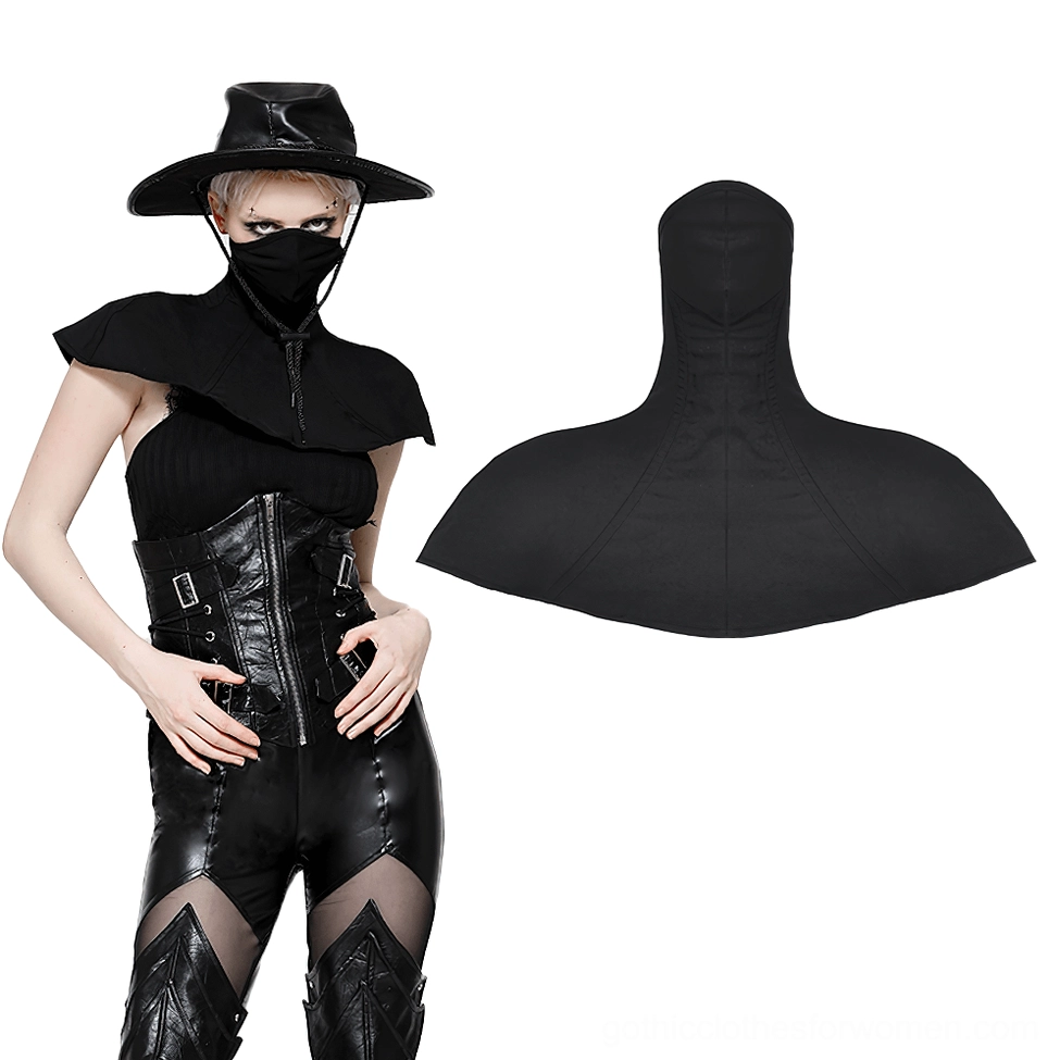 Full body gothic cape on model with flat lay display showing complete silhouette and structured design