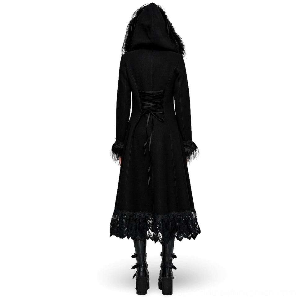 Hooded gothic long coat with back lace-up corset design and fur-trimmed cuffs - rear view mannequin