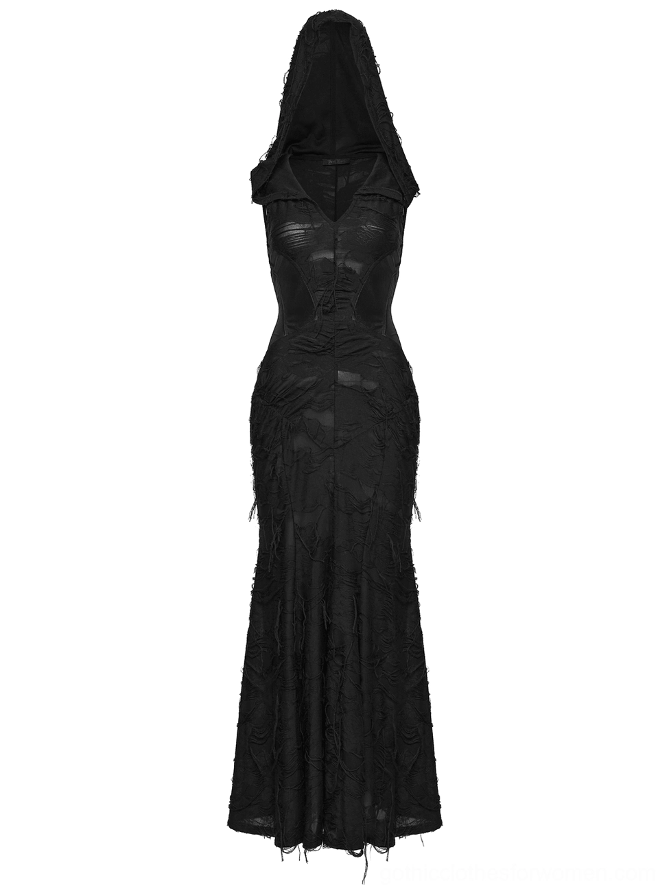 Hooded gothic fishtail dress front mannequin display showing attached hood frame and structural design