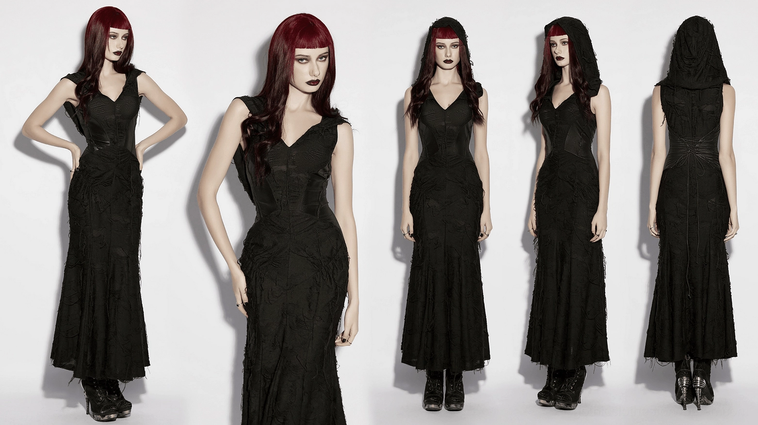 Hooded gothic fishtail maxi dress showing complete styling with attached hood, corset waist, and flowing hem