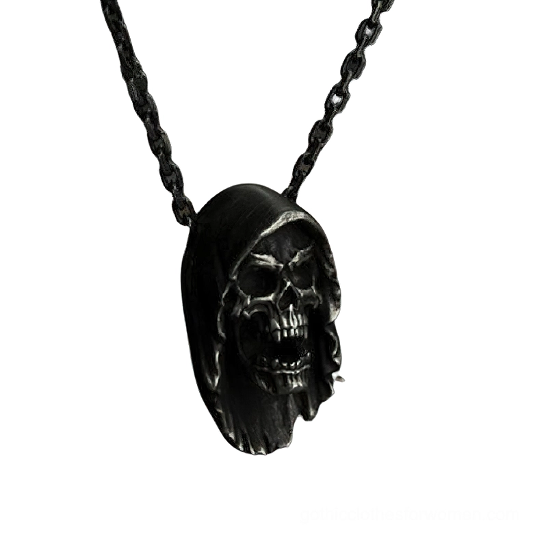 Hooded grim reaper skull pendant with open mouth expression, three-quarter front view on aged black stainless steel curb chain