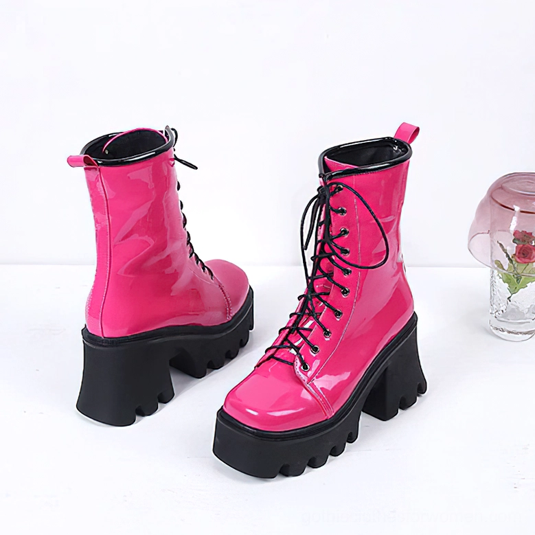 Hot Pink Patent Leather Gothic Platform Boots - Paired Display with Back Pull Tab and Lace-Up Detail