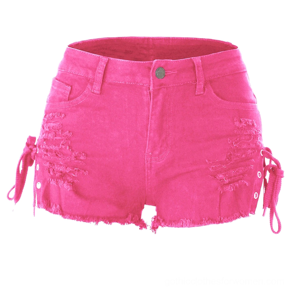 Hot pink mini denim shorts with side lace-up design and distressed ripped details