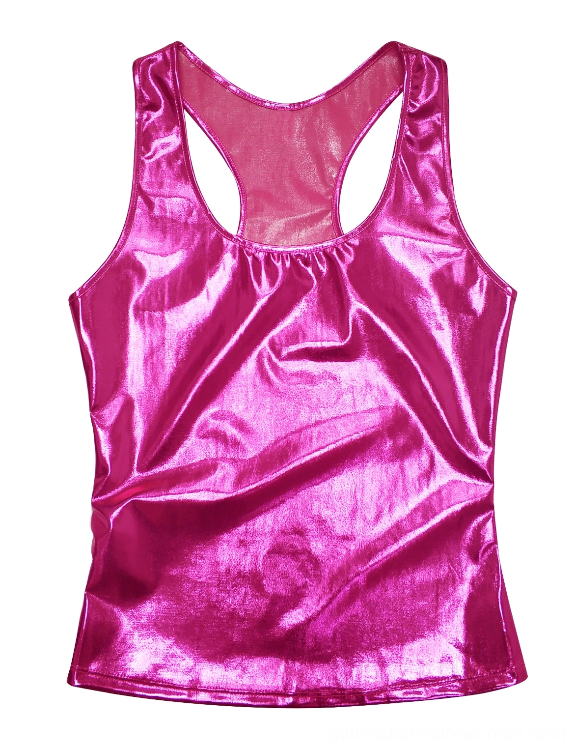 Hot pink metallic racerback tank top front flat lay, shiny cybergoth camisole bright pink