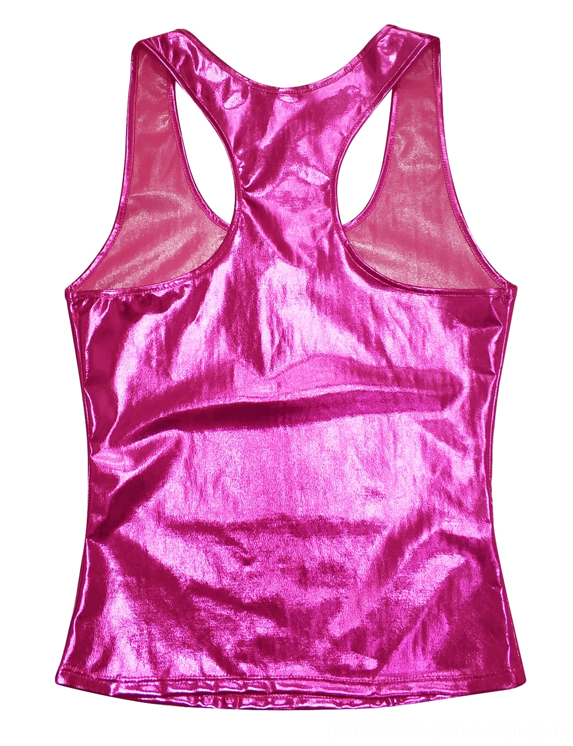 Hot pink glossy tank top rear flat lay showing cutout racerback, metallic gothic camisole