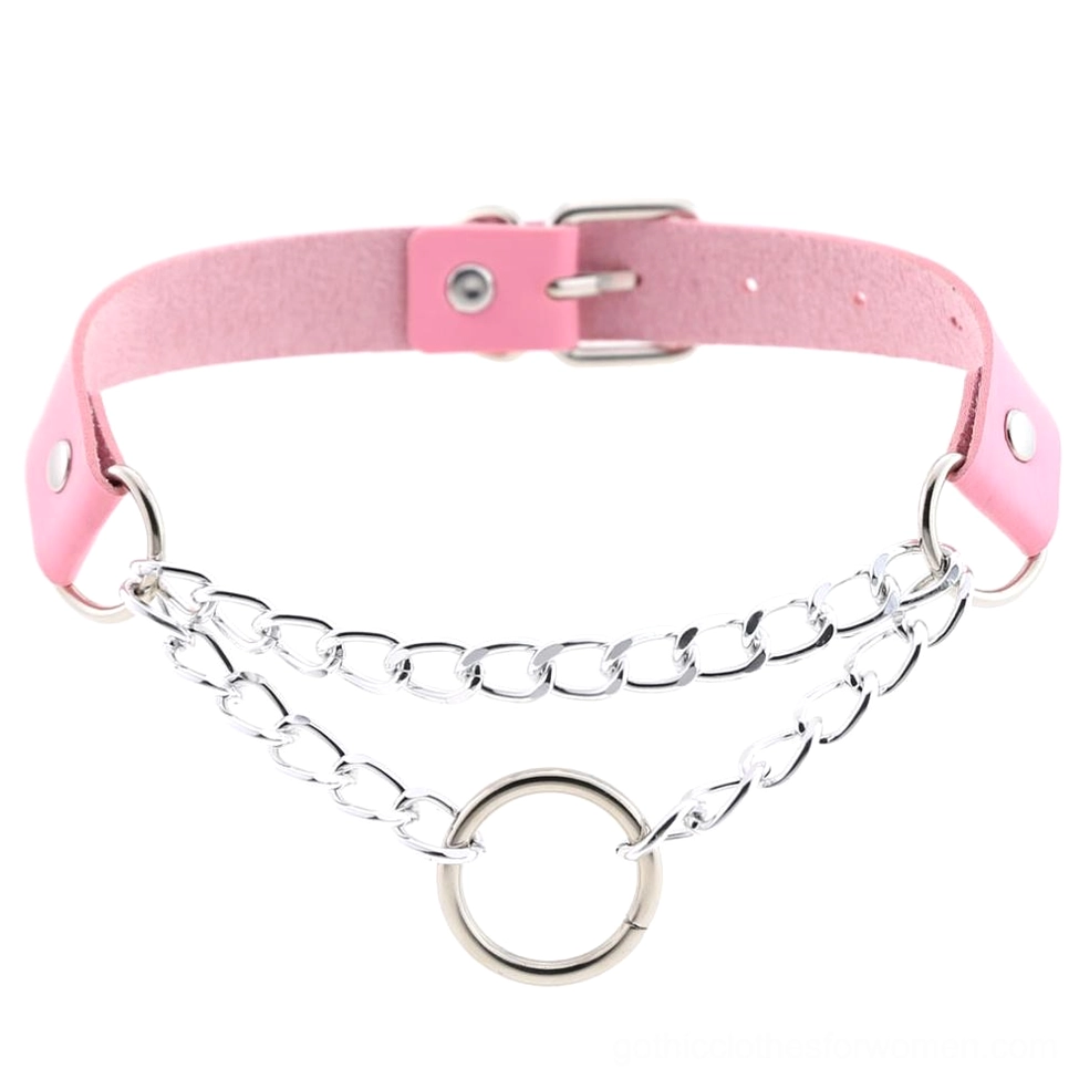 Hot pink PU leather gothic choker featuring silver dual chains and metal ring detail, adjustable design, flat lay product shot