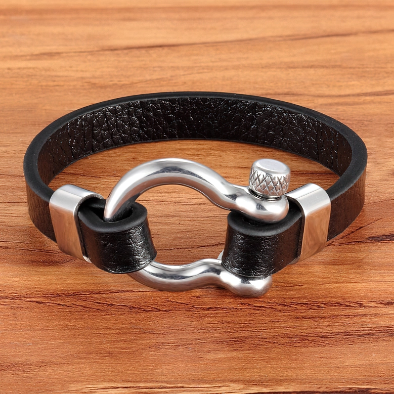Industrial gothic black leather toggle bracelet with premium stainless steel hardware, comprehensive product view