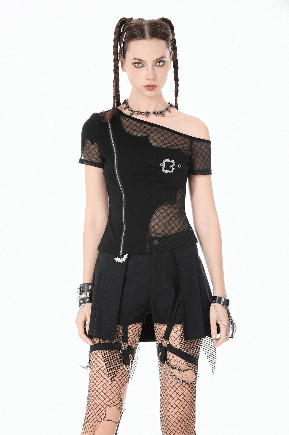 High-waisted gothic shorts with industrial metal hardware and suspended belt design, product showcase